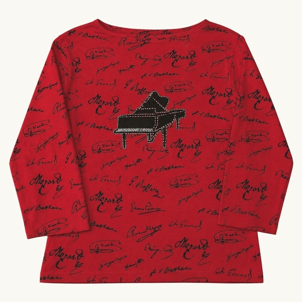 Red Piano Composer Signature Sequin 3/4 Sleeve Top Cotton L Fits S/M Music Artsy